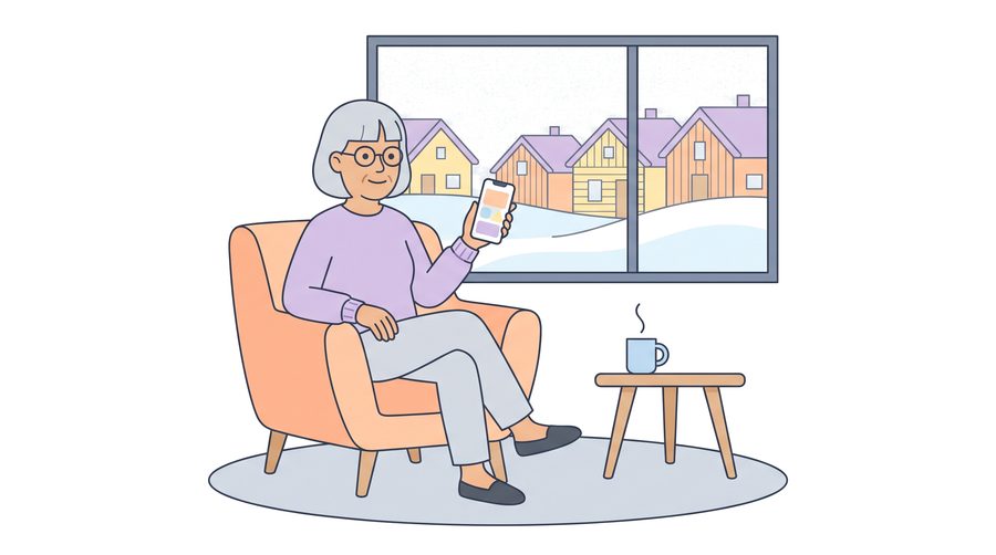Aino, an older woman with a silver bob and round glasses, sits in an armchair with her phone and a cup of coffee. Snow and small wooden houses show through the window.