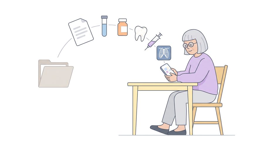 Aino sits at her kitchen table with her phone. A sheet of notes, a test tube, a pill bottle, a tooth, a syringe and an X-ray float toward the phone. One old folder stays off to the side.