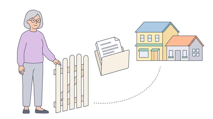 Aino holds a small garden gate open. A folder floats along a dotted path toward two small clinic buildings in the distance.