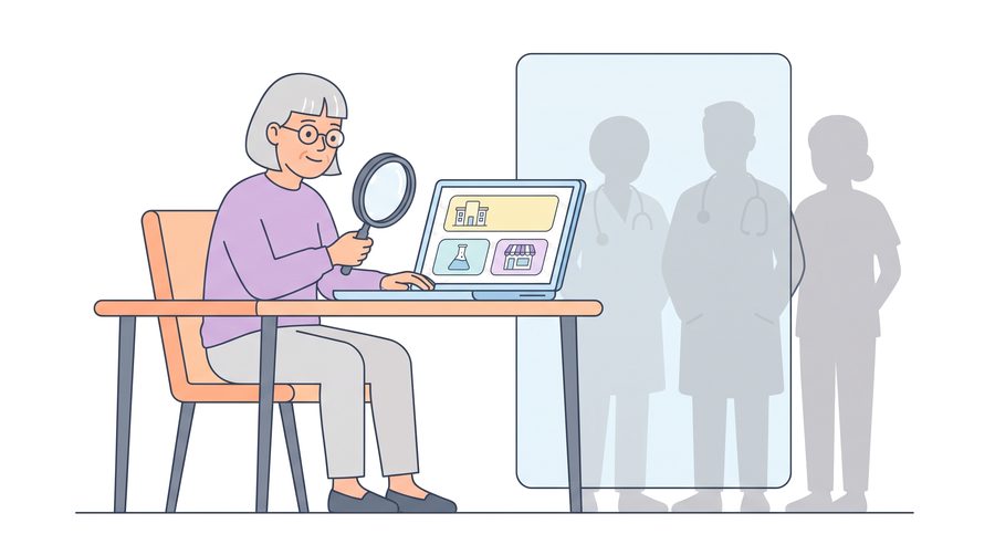 Aino holds a magnifying glass up to a laptop showing three small building icons. Beside it, a frosted glass panel hides three blurred figures.