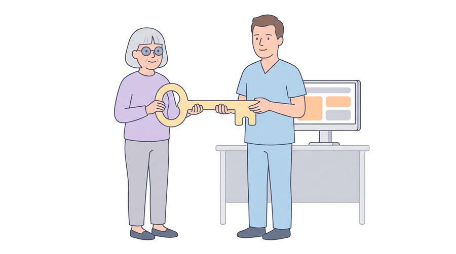 Aino and a nurse in pale blue scrubs hold one large key together in a bright health center room.