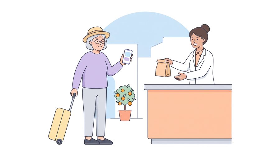 Aino, in a straw sun hat with a small yellow suitcase, stands at a pharmacy counter on a sunny street with an orange tree. The pharmacist hands her a small paper bag.