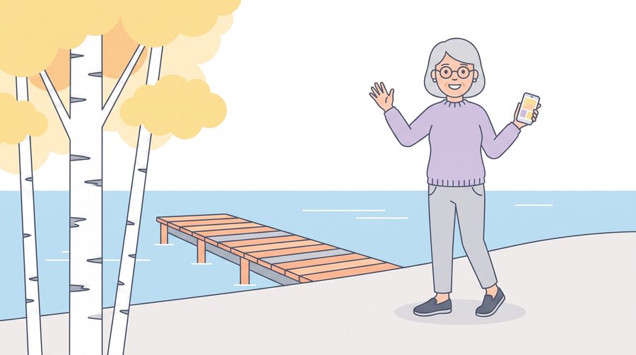Aino waves by a calm lake with a small wooden pier and birch trees, holding her phone.