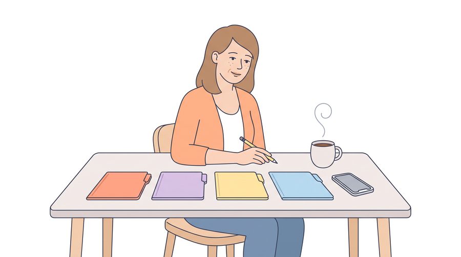 Beth sits at a kitchen table with a pencil and a cup of coffee. In front of her lie four plain folders in different colors, and her phone.