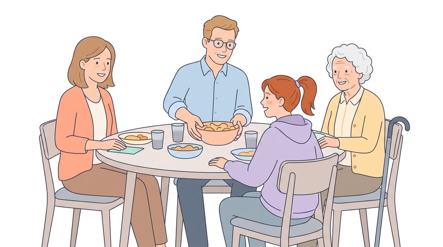 The family at dinner around a round table: Beth, her husband passing a bowl, their daughter and Grandma, her cane hooked on her chair.