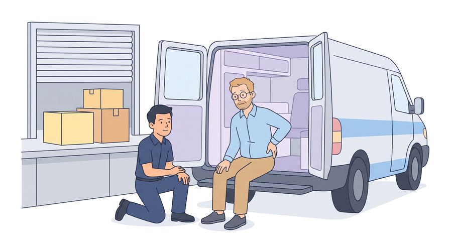 Outside a warehouse loading dock, Beth's husband sits on the back step of an ambulance holding his lower back while a paramedic kneels beside him.