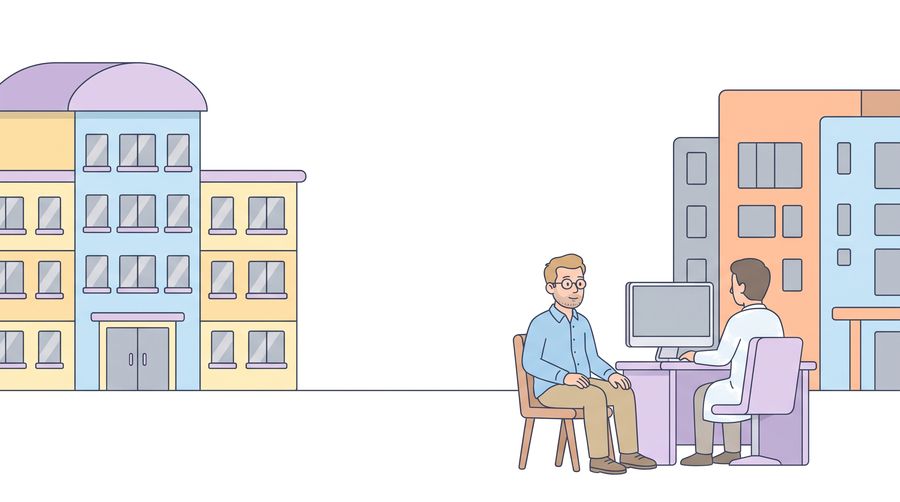 Two hospital buildings stand far apart. In front of one, Beth's husband sits beside a doctor looking at a computer screen.