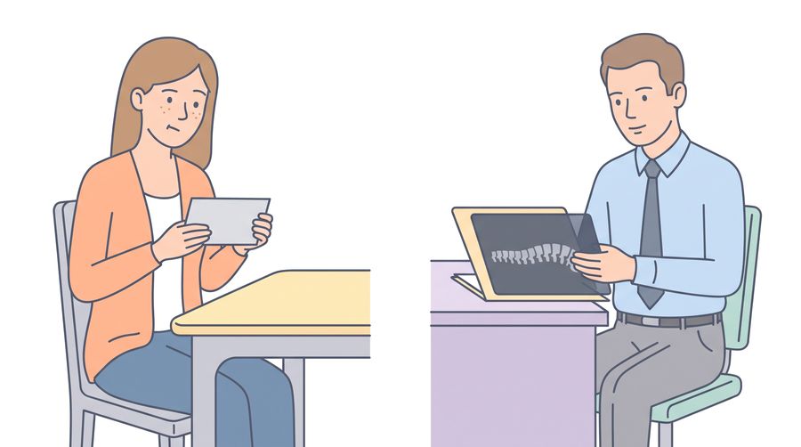 Beth looks puzzled at a letter at her kitchen table. Separately, a man at an office desk studies a folder with a spine X-ray.
