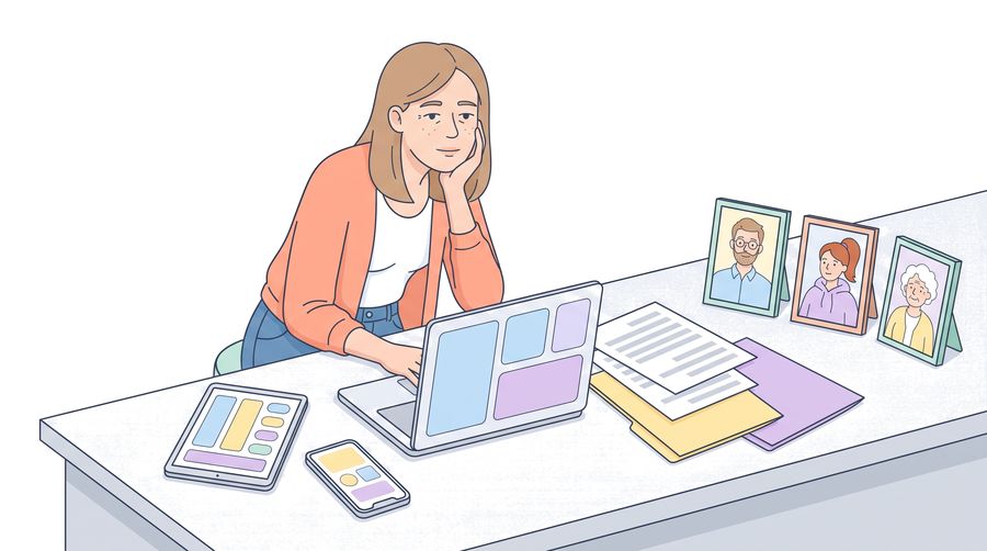 Beth sits at the kitchen table at night with a laptop, phones, papers and framed photos of her husband, daughter and mother.