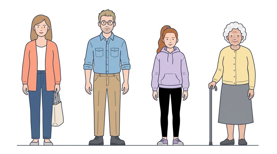 A family of four standing in a row: Beth, her husband, their teenage daughter and Beth's mother with a cane.