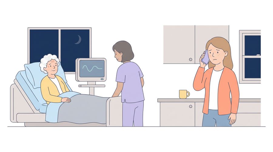 Grandma rests in a hospital bed while a nurse checks a monitor. Far away, Beth stands in her kitchen with a phone to her ear, worried.