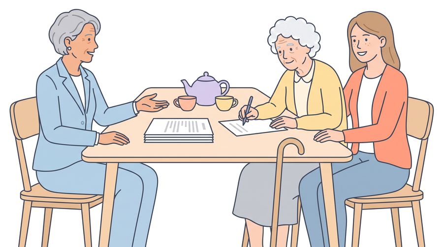 Beth and Grandma sit at a kitchen table while Grandma signs papers; a man in a suit points to where to sign.