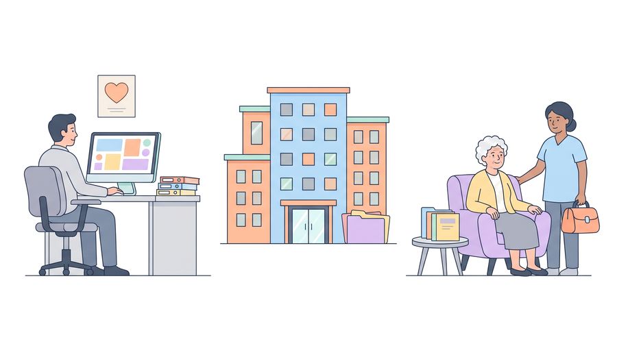 Three separate scenes with white space between them: a heart doctor at a computer, a hospital, and a home-care nurse visiting Grandma in her armchair.