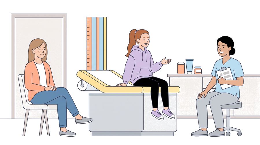 In a clinic exam room, the daughter sits on the exam table talking with a smiling doctor while Beth waits on a chair by the door.
