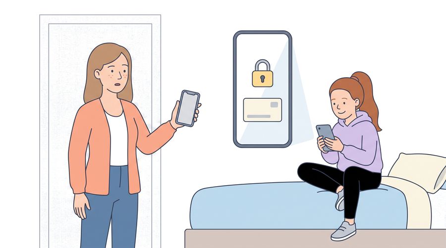 The daughter sits on her bed smiling at her phone, next to a big drawing of a phone screen with a padlock. In the doorway, Beth looks at her own phone, surprised.