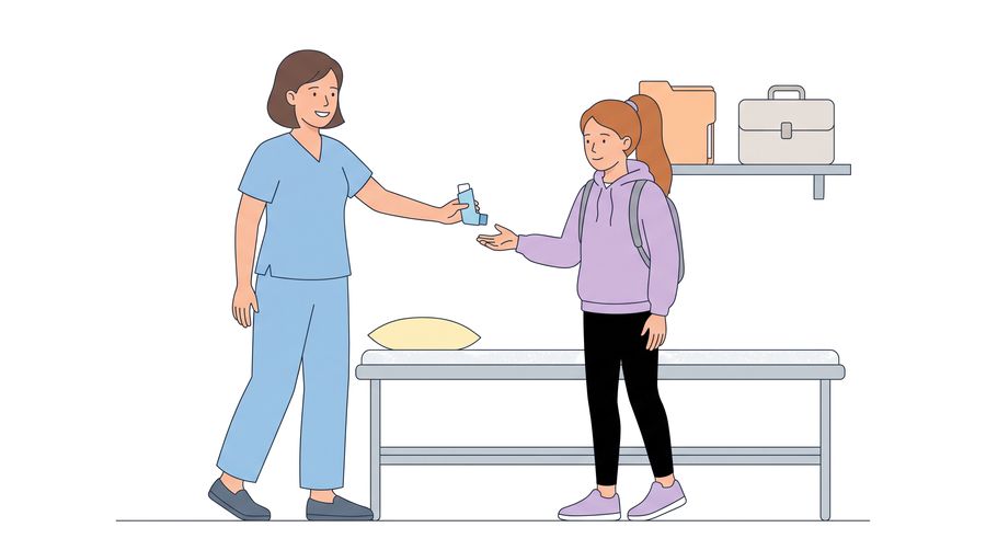A school nurse hands a blue inhaler to the daughter, who wears a backpack.