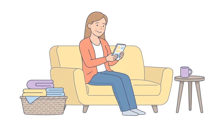 Beth relaxes on the sofa, smiling at her phone, with a mug and a basket of laundry beside her.