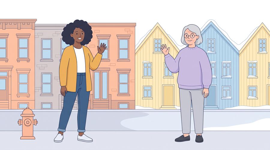 Sam, a young woman in a mustard cardigan, waves in front of brick American row houses. Aino, an older woman with glasses, waves in front of pastel wooden houses with snow.