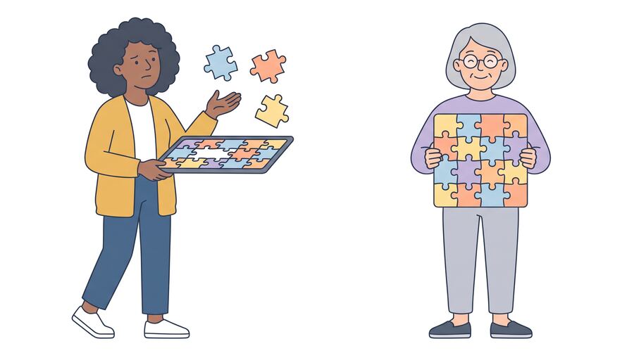 Sam looks puzzled holding an unfinished jigsaw puzzle with pieces floating away. Aino smiles holding a finished puzzle.