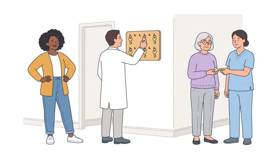 Sam stands with hands on hips while a doctor takes a key from a key board. Aino and a nurse hold one key together.