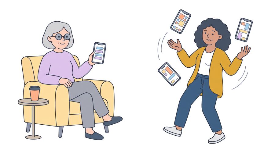 Aino relaxes in an armchair reading her phone with a coffee. Sam juggles three phones with a confused face.