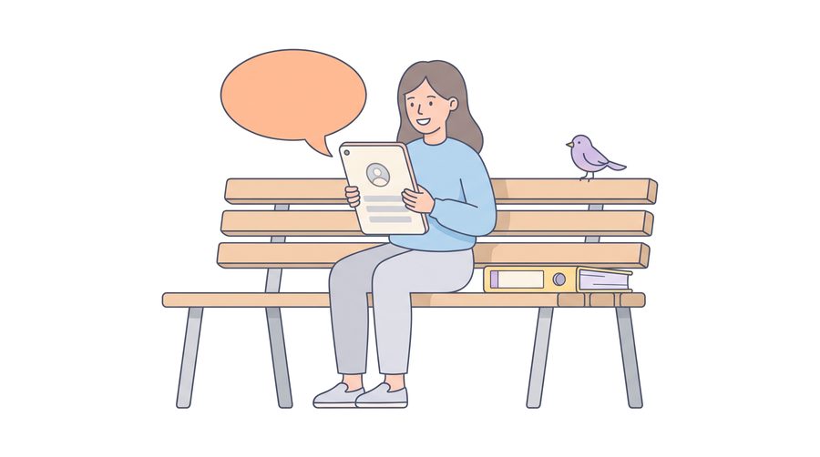 A smiling woman on a park bench reads a tablet showing a health record, with an empty speech bubble beside her. A thick paper binder sits next to her on the bench.