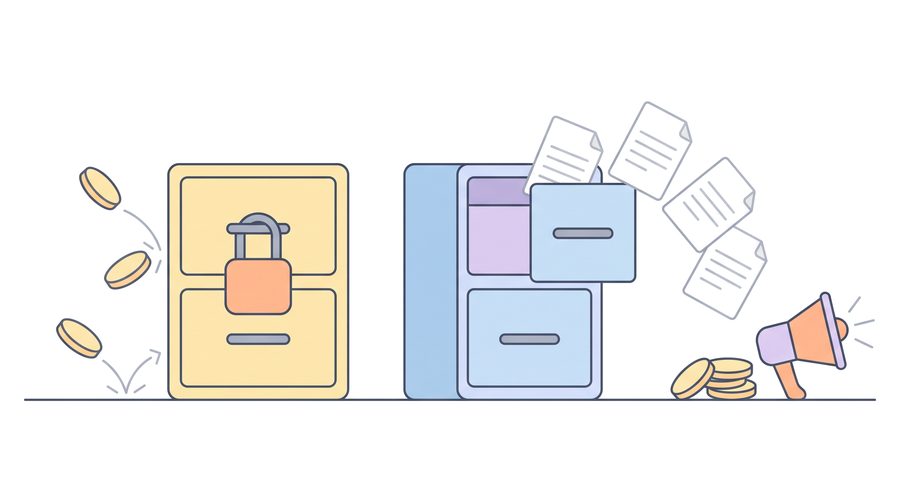 Two filing cabinets. One is shut with a padlock, and coins bounce off it. The other stands open, its papers flying out toward a pile of coins and a megaphone.