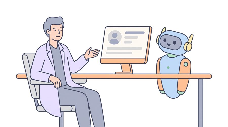 A doctor in a white coat sits at a desk and points to a screen showing a patient record. A friendly robot stands beside the screen, reading it too.