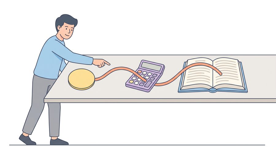A man points along a red thread that runs across a table from a coin to a calculator to an open book.