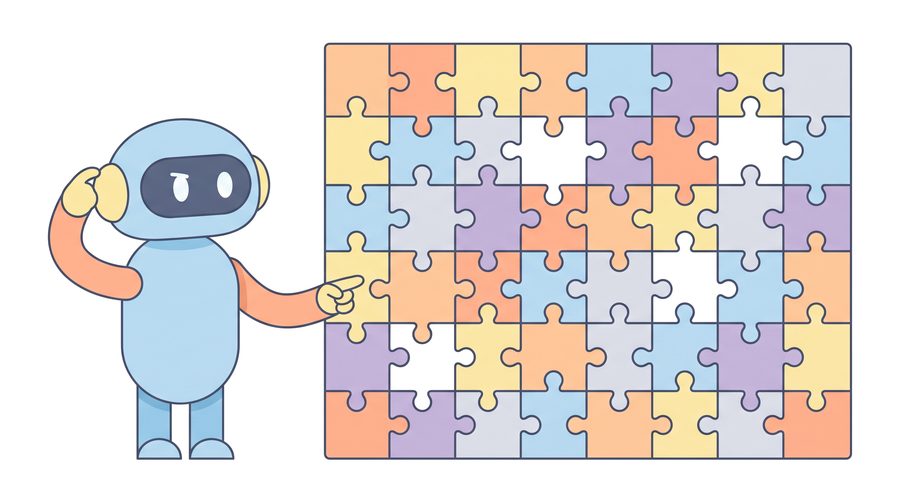 A robot scratches its head and points at a big jigsaw puzzle with several pieces missing.