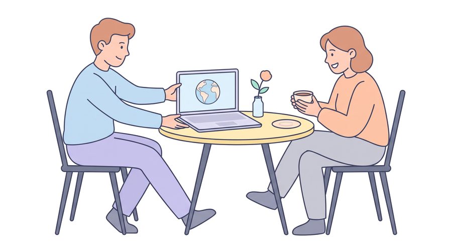 Two friends at a small round table: one turns a laptop showing a globe toward the other, who smiles over a cup of coffee.