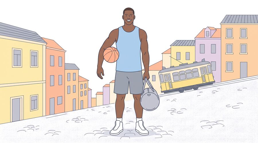 Marcus, a tall smiling basketball player in a sky blue tank top, stands on a sloping street of pastel houses, holding a ball and a duffel bag, with a yellow tram behind him.