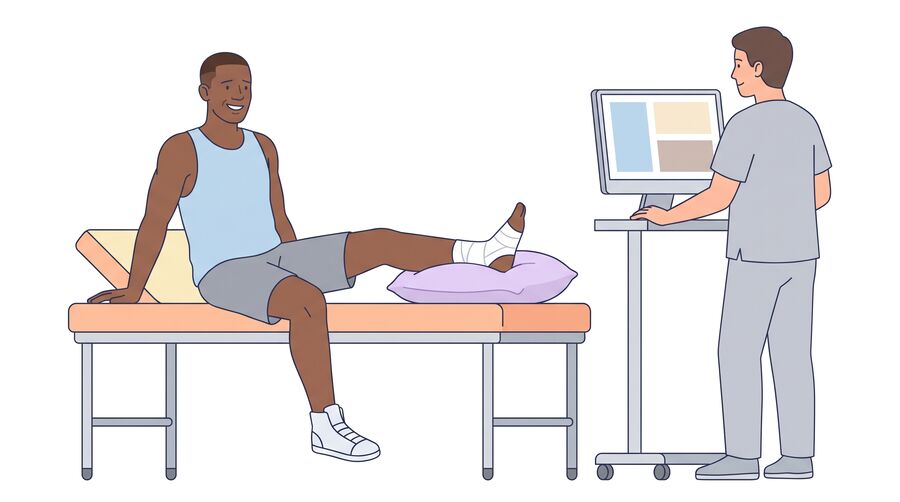 Marcus sits on an ER bed with a bandaged ankle on a pillow, smiling a little, while a doctor checks a computer screen.