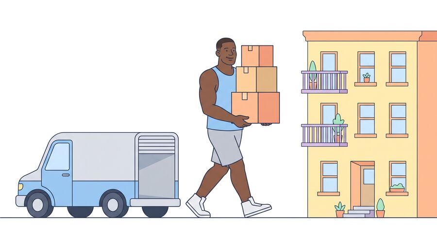 Marcus carries a stack of moving boxes toward a sunny apartment building, a small moving van behind him.