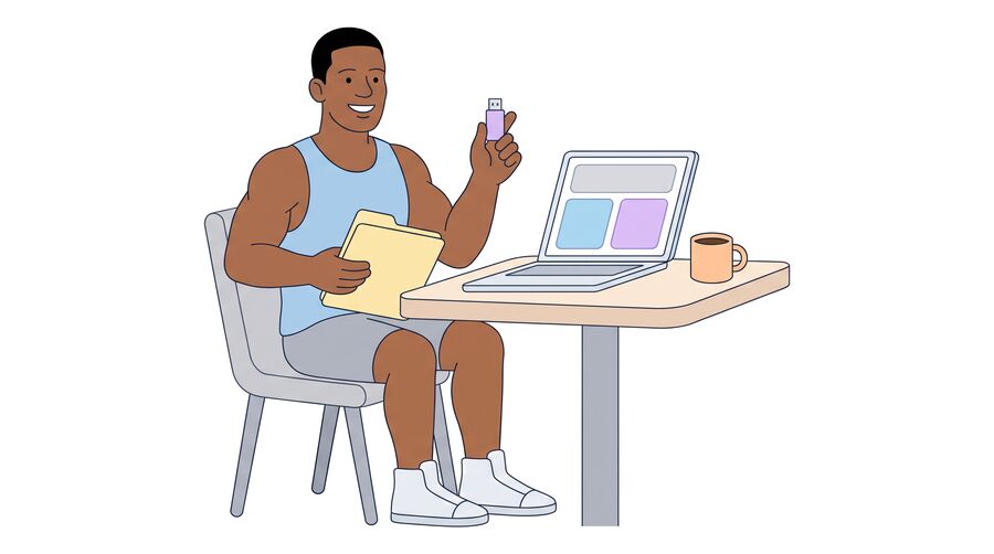 Marcus sits at a kitchen table with a laptop, smiling, holding up a USB stick and a paper folder.