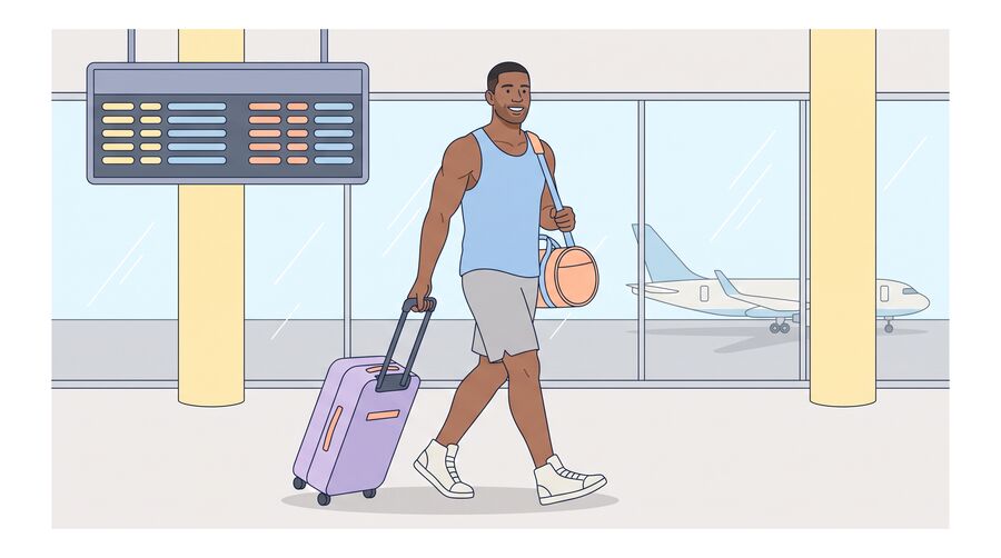 Marcus walks through a bright airport pulling a suitcase, with a plane outside the window.