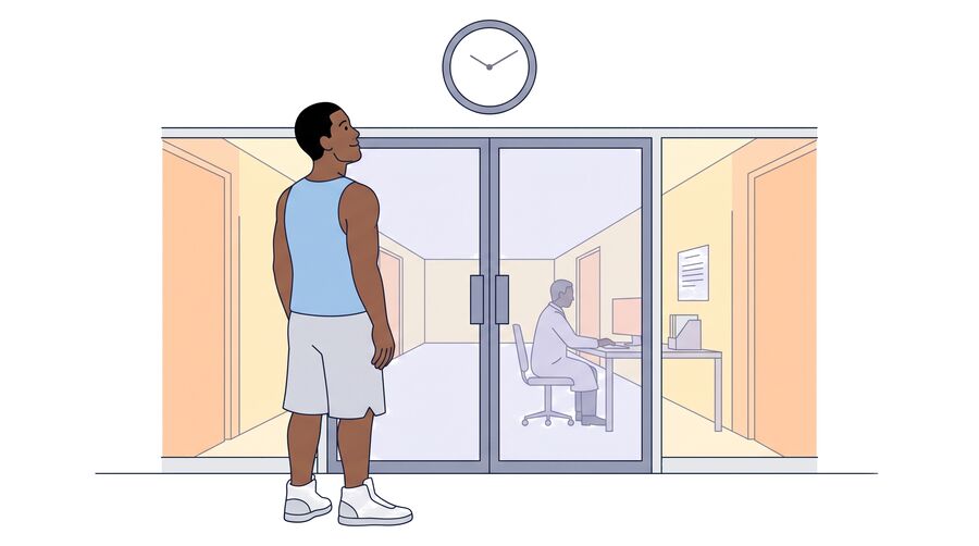Marcus stands in front of a closed glass door in a calm building, looking up at a clock. Through the glass, a doctor works at a desk.