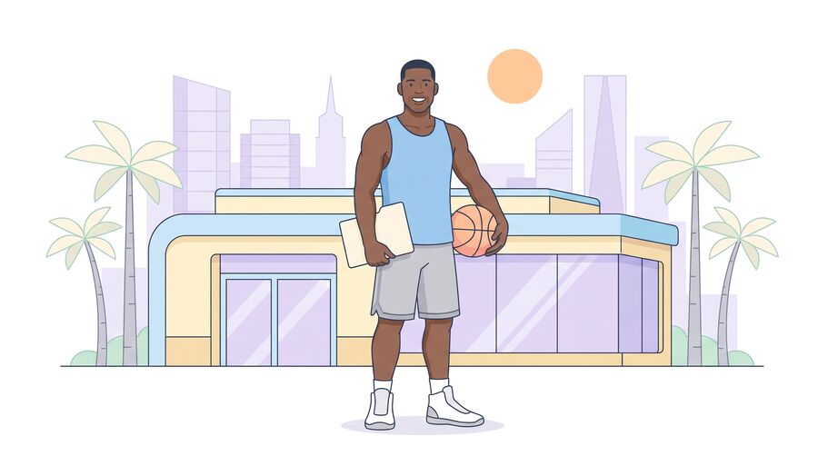 Marcus stands outside a modern clinic in a sunny city with glass towers and palm trees, a folder under one arm and a ball in the other.