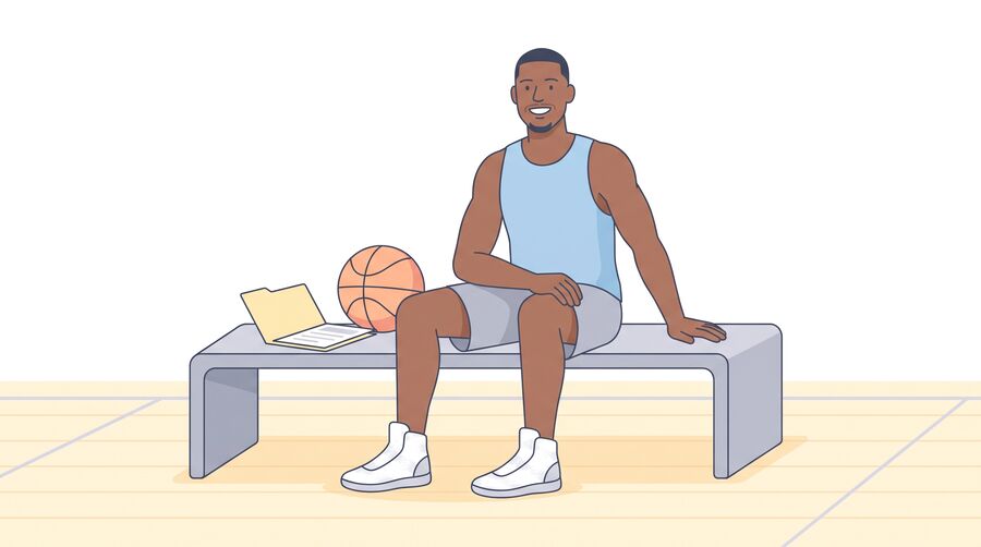 Marcus sits on a bench by a basketball court, smiling, his ankle healed, a folder and a ball beside him.