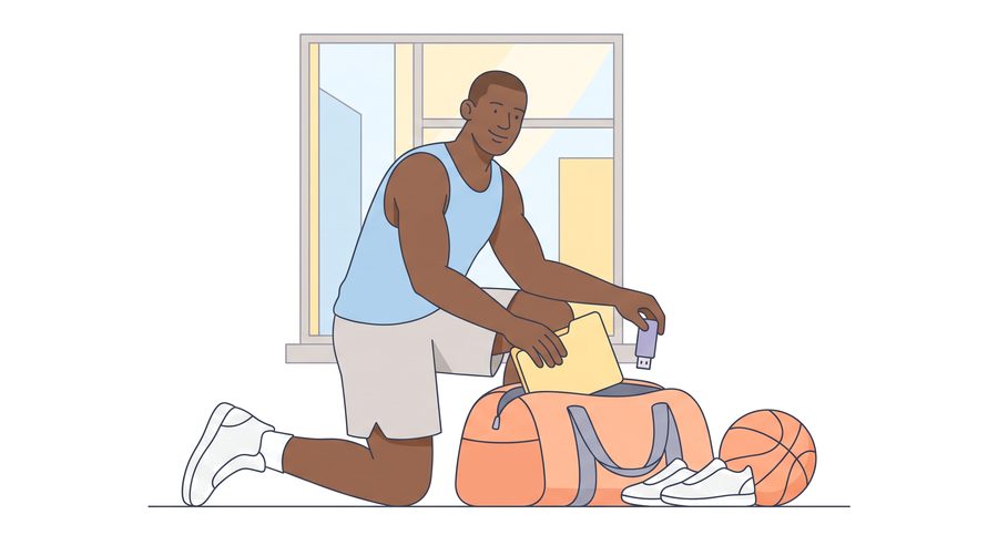 Marcus kneels by an open duffel bag in a sunny bedroom, putting a paper folder and a USB stick inside, with a basketball and sneakers beside the bag.